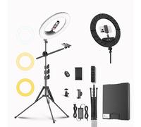 Bzyltrux Kit di luci ad anello 55 W18 da 45 cm, 6700 K, dimmerabile, con treppiede, doppio supporto per telefono, per iPhone, selfie e trucchi, tatuaggi, illuminazione da studio, pittura