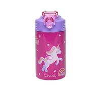bzyoo HappyPal - Borraccia per bambini in acciaio inox, 15,5 oz - Bottiglia rosa con manico viola con motivo unicorno, coperchio cannuccia e copertura, chiusura sicura, ideale per i viaggi
