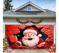 C, 13 x 4 x 1,8 m, striscione natalizio per porta del garage, Babbo Natale allegro appare attraverso l'apertura della parete, decorazione murale per esterni, grande decorazione per vacanze all'aperto
