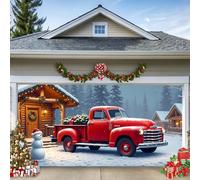 C,16 x 7 ft/4,8 x 2,1 m, striscione per porta del garage - vintage camion rosso con albero di Natale e regali in scena della neve - Grande decorazione natalizia per casa, giardino e feste
