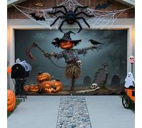 C,6,5 x 2 x 1,5 m, terribile copertura per porta del garage di Halloween - teschio spaventoso, zucche, ragni, spaventapasseri, fantasmi e cimitero infestato, decorazione all'aperto per le vacanze
