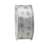 C.E. Pattberg GmbH & Co. kg - Nastro Arktis in taffetà Decorato con Stelle, con Bordi argentati, 40 mm x 20 m, Colore Bianco
