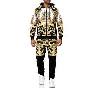C-IN-C Tuta da uomo di lusso con stampa barocca: giacca con cappuccio con cerniera + pantaloni da jogging, moda e confortevole, traspirante, stile streetwear, Cristo, L
