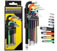C.K CK T4450 - Set di 9 chiavi Torx antimanomissione T10 - T50, a stella esagonale, albero antiscivolo con codice colore, lame in acciaio temprato S2, finitura cromata sabbiata, supporto pieghevole