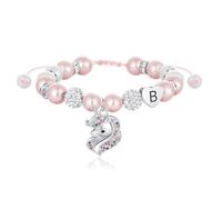 C-leen Braccialetto con unicorno per adolescenti, regolabile, con perle rosa e sfere di strass, con iniziale a forma di cuore, gioielli regalo per compleanno e Natale, Adjustable, Acciaio inossidabile