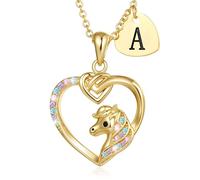 C-leen Collana con ciondolo a forma di cavallo, regalo per donne, ragazze e bambini, placcata in oro 18 carati, con ciondolo a forma di cuore, collana con iniziale e ciondolo a forma di cuore, idea