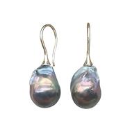 C- Orecchino Gancio Palla Stile Barocco Perla Fiamma Grigio Scuro Poche Perle Naturali Colorate Viola Argento Sterling 925 Grazioso per Signora