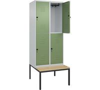 C+P | Armadietto a due piani Classic PLUS con panca | 2 scomparti | grigio chiaro / verde reseda | largh 800 mm | serratura girevole di sicurezza | panca integrata | legno duro di faggio