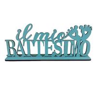 C.X.Y. Decorazione Battesimo Legno Blu Scritta Il Mio Battesimo con Piedini - Centrotavola Tavolo Festa Bambino Neonati Maschio