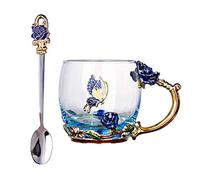 C & Z - Tazza da caffè in vetro senza piombo, con cucchiaio in acciaio, set per moglie, insegnante, amici, compleanno, mamma, San Valentino, decorazione da tavolo con fiori di farfalla, blu