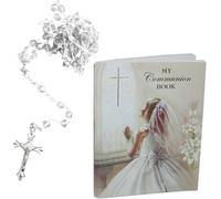 C6042 0424 - Set regalo con libro di preghiere e rosario per la prima comunione, per bambina, trasparente