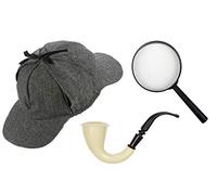 CA SE FETE Costume Detective Inglese I Cappello Deerstalker Sherlock Grigio I Pipe I Lente d'ingrandimento Nero 17 cm I Carnevale