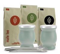 caámate. Mate - Set da tè biologico, 3 tipi di mate, 2 tazze in acciaio inox a doppia parete, 2 bombillas + istruzioni per la preparazione (verde)