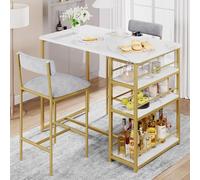 CABIHOME Set di tavolo da pranzo per 2, tavolo da cucina e sedie imbottite in velluto per 2, tavolo da bar con 3 grandi ripiani per piccoli spazi, appartamento, grigio e bianco oro