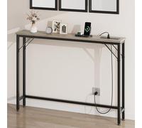 CABIHOME Tavolo consolle stretto da 15 cm con prese, sottile dietro il divano per soggiorno, tavolino sottile con metallo e MDF, tavolo industriale per ingresso, grigio