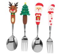 Cabilock 4 pezzi di stoviglie per la cena di Natale: cucchiai e forchette in acciaio inossidabile con decorazioni a forma di albero di Natale, Babbo, pupazzo di neve, alce, per mescolare dessert, tè