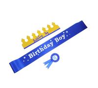 Cabilock Compleanno Regolabile per Ragazzi con Fascia Spilla e Cerchietto Blu e Oro Accessori Festa per Adolescenti e Uomini Decorazioni Riutilizzabili per