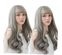 Cabilock Parrucca Lunga da Donna Grigia 60 CM Onde Larghe e Frangia Smussata Copricapo Riccio Ventilato per Feste Cosplay e Uso Quotidiano