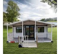 Cabina glamping pieghevole da 20FT con tetto triangolare e terrazza - Casa piccola prefabbricata moderna con cucina e bagno, villa modulare espandibile per campeggio, affitti panoramici, Resort o Eco