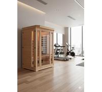Cabina Sauna a infrarossi a 2 posti in legno Hemlock 1690 W | CROMOTERAPIA 7 COLORI, 5 diffusori a infrarossi, calore secco economico, comandi LCD + radio, compatto e rilassante