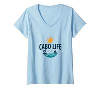 Cabo Life: Tropical Beach Vacation Tramonto Logo Maglietta con Collo a V, Donna, Celeste, S