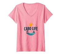 Cabo Life: Tropical Beach Vacation Tramonto Logo Maglietta con Collo a V, Donna, Rosa, S