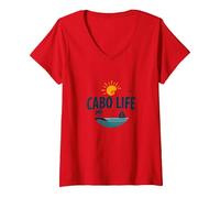 Cabo Life: Tropical Beach Vacation Tramonto Logo Maglietta con Collo a V, Donna, Rosso, M