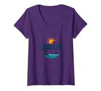 Cabo Life: Tropical Beach Vacation Tramonto Logo Maglietta con Collo a V, Donna, Viola, XL