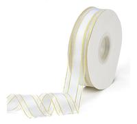 CABODYALS 45.72M 25mm Nastro Organza Bianco Nastro Bordo Oro Neve Trasparente Morbido Liscio Tessuto Voile Nastri Rotoli con Bobina per Incartare Regali Natale Capelli Treccia Matrimonio Fai da Te