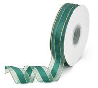 CABODYALS 45.72M 25mm Nastro Organza Verde Scuro Nastro Bordo Oro Trasparente Verde Foresta Morbido Voile Tessuto Nylon Bobina Nastri per Incartare Regali Natale Capelli Treccia Matrimonio Fai da Te