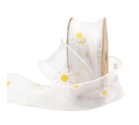 CABODYALS 9.14M 40mm Nastro Bianco Margherita Motivo Floreale Stampa Organza Nastro Fiore Trasparente Trasparente Nastri All Ingrosso con Bobina per Cucire Realizzare Artigianato Confezionare Regali C