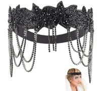CABODYALS Fascia per Capelli Flapper Nera con Strass e Nappa, Copricapo con Perline, Stile Vintage, Cristalli, Copricapo Roaring 1920s, Catena per Capelli Glitterata, per Donne, Abiti, Costumi, Cosp
