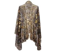 CABODYALS Scialle in Pizzo Floreale Nero Ricamato, Sciarpa con Paillettes e Perline Dorate Scintillanti, Mantella con Motivo A Fiori e Foglie, Vintage, 1920 Pezzo, Scialli Trasparenti in Pashmina per