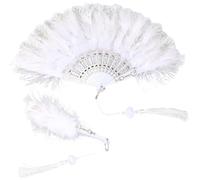 CABODYALS Ventaglio Pieghevole Bianco con Piume e Nappe in Poliestere in Tessuto Floreale Ricamato Vintage con Bastoni Morbidi per Donne per Feste in Costume Matrimoni Servizi Fotografici Decorazioni