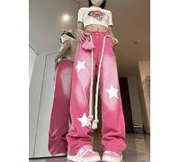 CABULE Y2K Jeans Dritti Jeans Star Vintage Donna Estate New Pink Pantaloni Larghi a Vita Alta a Gamba Larga High Street Korea Fashion-Rosa-S