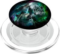 Caccia al lupo grigio nella foresta sotto la luna piena e aurora PopSockets PopGrip per MagSafe