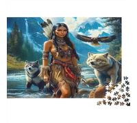 Cacciatrice nei boschi con lupi e aquila Puzzle 1000 Pezzi Carta Puzzle per Adulti Paesaggio montano Relax famigliare Decorazione Regalo 70x50cm/1000pcs
