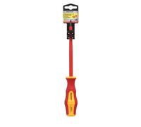 Cacciavite piatto isolato certificato VDE 1.000 V. Dimensioni: 1,2 x Ø 6,5 x 150 mm. Cacciavite di sicurezza Elettricista