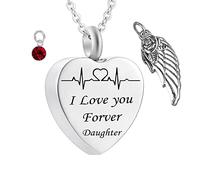 CACCOLA URNA Cenere umane, Cuore con Ala d'Angelo Birthstone e Incisione ECG I Love You Forever Daughter Urn Urn Incoonia in Acciaio Inossidabile Urne per Ceneri