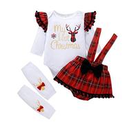 Cachi 2 Pezzi la Gonna di Natale della neonata equipaggia Il Mio Primo Pagliaccetto di Natale + Gonna con Bretelle Scozzese Rossa Abiti Natalizi per Ragazze Costume Partito Vestito Natale Principessa