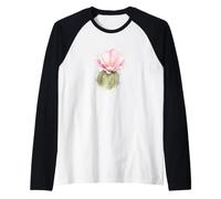 Cactus con Fiori Rosa, Motivo Floreale ad Acquerello Maglia con Maniche Raglan
