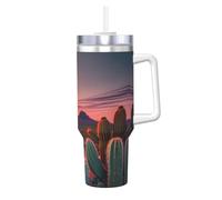 Cactus Desert Sunset Print - Fiaschetta con cannuccia e manico, per bevande calde e fredde, ideale per viaggi, sport, ufficio, 1180 ml