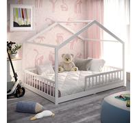 CADANI Letto a casetta Malte 140x200 cm letto a pavimento bianco, sponda anticaduta rimovibile, letto montessoriano trasformabile incl. rete a doghe arrotolabile