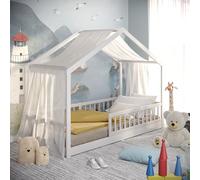 CADANI Letto a casetta Malte 90x200 cm letto a pavimento bianco, sponda anticaduta rimovibile, letto montessoriano trasformabile incl. rete a doghe arrotolabile