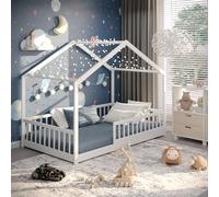 CADANI Malte Letto Casetta per Bambini 120x200 cm - Letto Montessori a Pavimento con Barriera Rimovibile, fino a 200 kg, Rete a Doghe Inclusa, Legno Massello di Pino, Bianco