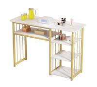 cadciehe Tavolo per unghie, tavolo per manicure, stazione per manicure, texture marmorizzata, scrivania per manicure con ripiani multi aperti, scrivania per nail tech per salone di bellezza spa bianco