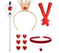 cadelon Red Queen - Set di accessori per costume da regina con cuori, 5 pezzi, per feste, matrimoni, tutti i giorni, essenziale per travestimento e cosplay da donna