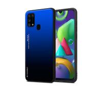 CADORABO bicolore in silicone TPU e retro in vetro temperato Cover per Samsung Galaxy M31, BLU - NERO