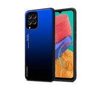 CADORABO bicolore in silicone TPU e retro in vetro temperato Cover per Samsung Galaxy M33 5G, BLU - NERO