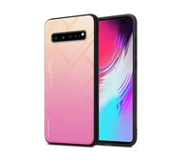 CADORABO bicolore in silicone TPU e retro in vetro temperato Cover per Samsung Galaxy S10 5G, GIALLO - ROSA